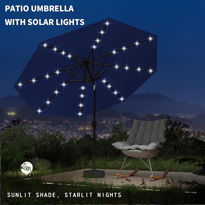 9FT Patio Umbrella with Solar Lights,Outdoor Market Umbrella with Tilt and Crank, LED Lighted Table Umbrella for Garden,Deck,Backyard,Pool,Beach