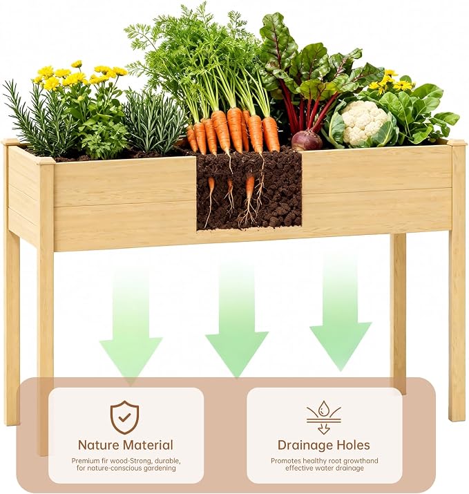 Acenova Raised Garden Bed Outdoor, 48 x 24 x 30 Inch Elevated Wooden Garden Bed with Legs and Liner, Raised Beds for Gardening with Grow Bag and Tool Hook, Planter Box for Patio Backyard Balcony