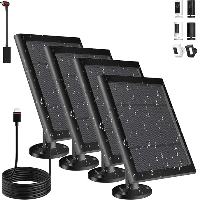 Solar Panel for Ring Camera(2nd Generation) IP65 dustproof and Waterproof 5W Solar Panel with 10FT/3M Long Cable for Stick Up & Pro Spotlight Cam for Security Camera 4 Pack Black ﻿