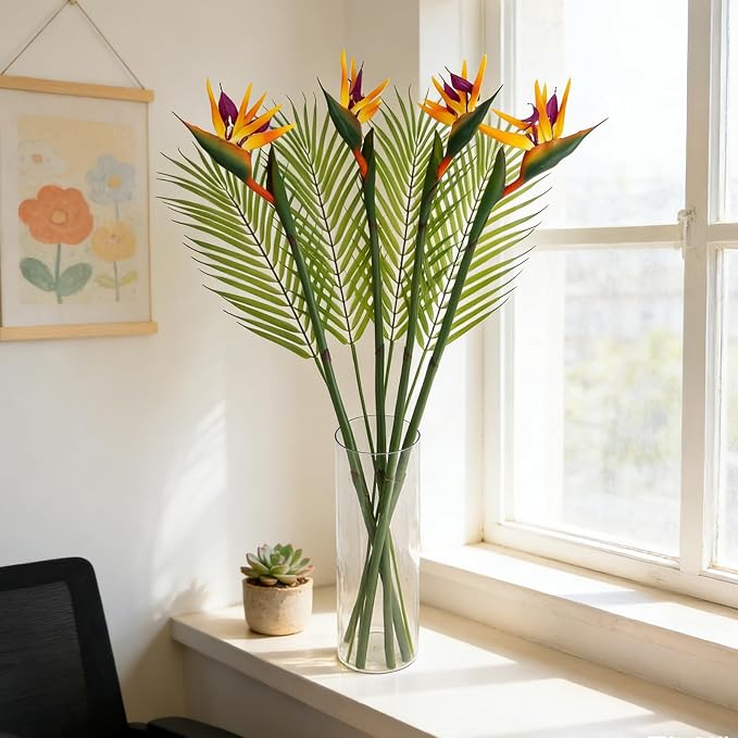 8 PCS Bird of Paradise Artificial Plant Combo Palm Leaves,4 Faux Bird of Paradise Plant with 4 Artificial Palm Leaves for Wedding Garden Office Home Indoor and Outdoor Decor(Yellow)