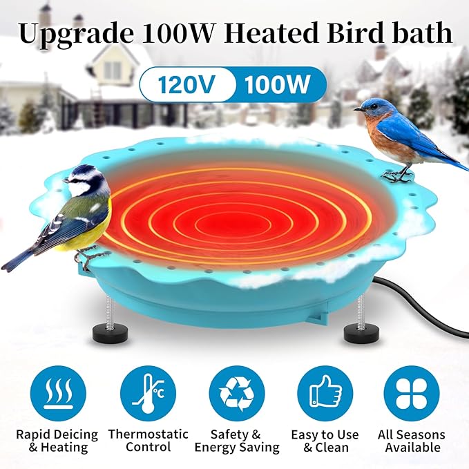 Heated Bird Bath for Outside Winter, Powerful 100W Thermostat Control Heated Bird Baths for Outdoors with 3 Metal Extension Screws, Heated Birdbath Water Heater for Garden Yard Patio Lawn(Blue)