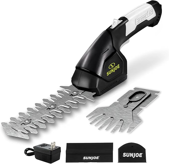 Sun Joe HJ604C Cordless Grass Shears and Hedge Trimmer, 2-in-1 Handheld Shrub Trimmer, 7.2V Lithium-Ion Battery, 1250 RPM Steel Blades, Charger Included