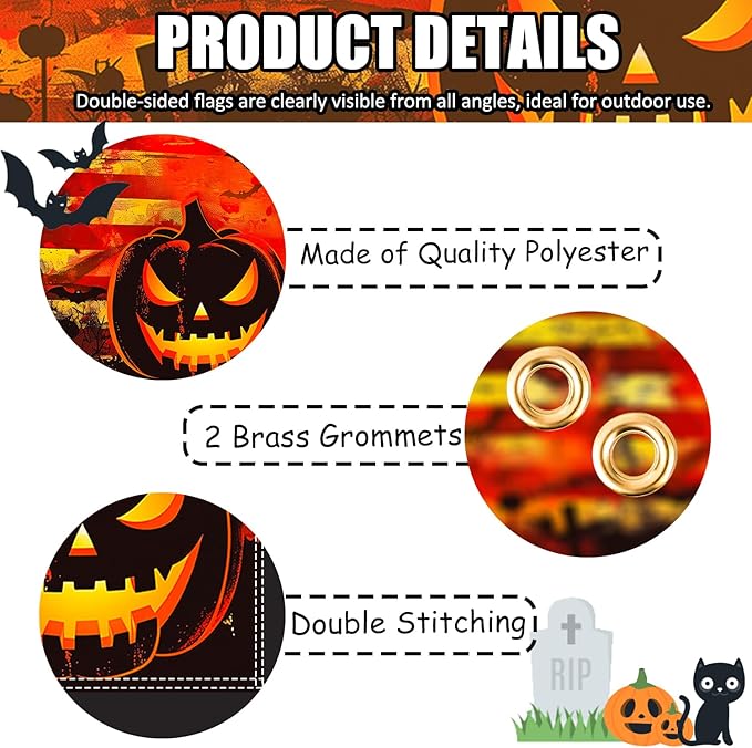Double Sided Halloween Flag 5x3 FT with 2 Brass Grommets and 19.69ft Ribbon, Orange & Black Stripes Tapestry, Durable Outdoor Halloween Flags for Yard, Porch, or House Decorations