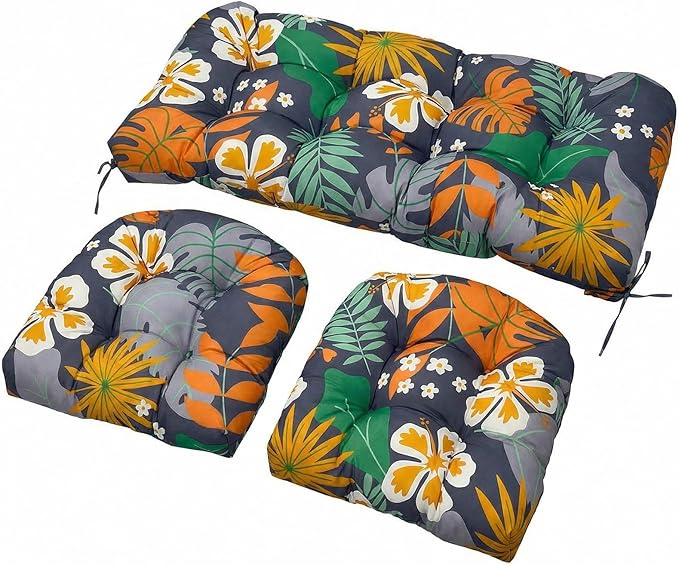 Wicker Chair Cushions Set, 2 U-Shaped Cushions & 1 Loveseat, Waterproof Outdoor Loveseat Cushion for Patio Furniture, Settee Bench Pad All Weather,Flower