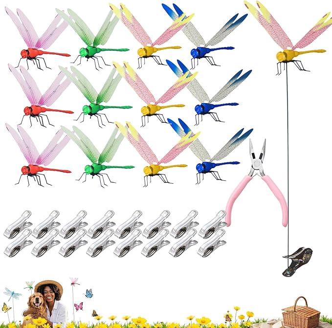 Jongdari 12 Sets Dragonfly Hat Clip Realistic Fake Dragonflies Clip-On Garden Outdoor Decor Stakes Plastic Dragon Fly Clips Plant Decorations for Pots, Includes Pliers & Clips