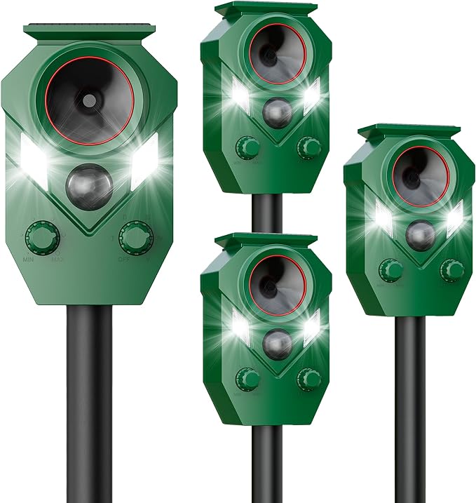 4 Pack Solar Powered Ultrasonic Animal Repellent Outdoor, Motion Activated Deer Repellent Devices with Flashing Lights, Waterproof Cat Repellent Outdoor, Repels Dog, Raccoon, Coyote for Garden & Lawn