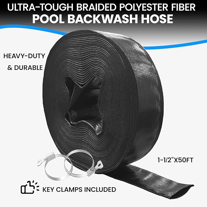 Poolvio Backwash Hose 1-1/2" x 50 ft, Heavy-Duty Lay-Flat Reinforced PVC Discharge Hose with 2 Stainless Steel Thumb Screw Clamps, Leak-Resistant for Inground & Above-Ground Pool Filters