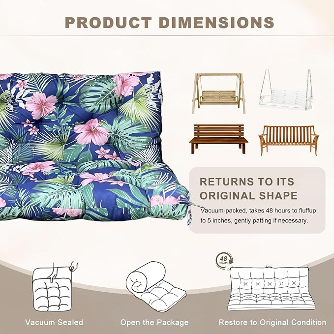 Porch Swing Cushion with Backrest,Waterproof Bench Cushion for Outdoor Furniture,2-3 Seater Replacement Thickened Swing Cushion with Ties,Patio,Outdoor,Backyard and Garden (Tropical Floral,60x40")