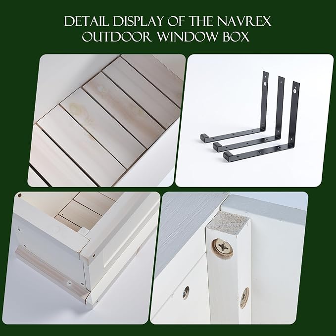 NAVREX 3-Foot Outdoor Flower Window Box, Wall-Mounted Whitewash Window Boxes Planters for Outside Balcony/Windowsills, Patio & Garden or Railing, Fir Wood Window Flower Boxes, Assembly Required