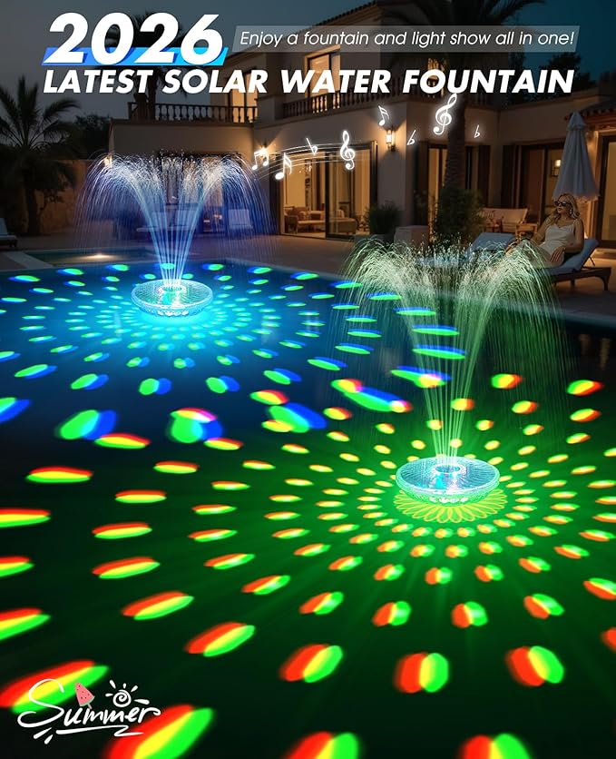 Solar Pool Fountain with Light Show, 2026 Upgraded Large Solar Pool Water Fountain, Floating Pool Fountain for Above Ground Pool,Solar Floating Fountain Pump for Nighttime Use Blue-1PK