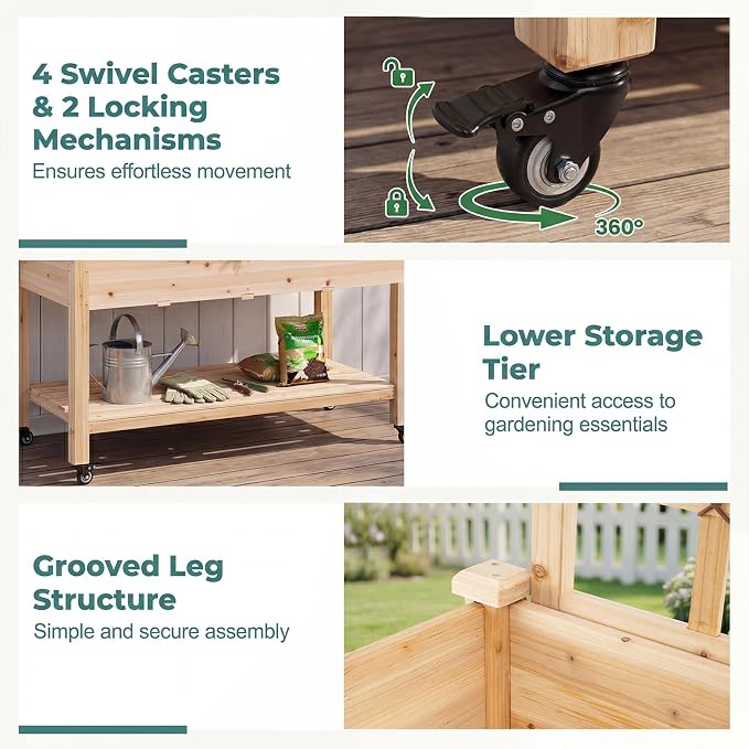 HAPPYGRILL Wooden Raised Garden Bed with Trellis, 65'' Elevated Planter Box w/Legs on Wheels, Liner & Drainage Holes for Climbing Plant Vegetable Flower, Outdoor Garden Box for Backyard Balcony (2)
