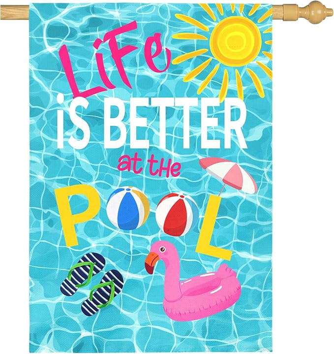 Life Is Better at the Pool Large House Flag Summer Pool Party Outdoor Double Sided Poolside Garden Flags Swimming Pool Flamingo Beach Ball Sunshine Yard Banner Porch Patio Decor 28 x 40 Inch