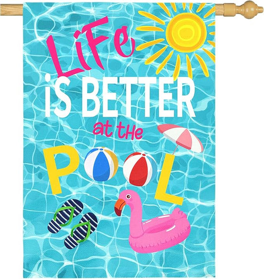 Life Is Better at the Pool Large House Flag Summer Pool Party Outdoor Double Sided Poolside Garden Flags Swimming Pool Flamingo Beach Ball Sunshine Yard Banner Porch Patio Decor 28 x 40 Inch