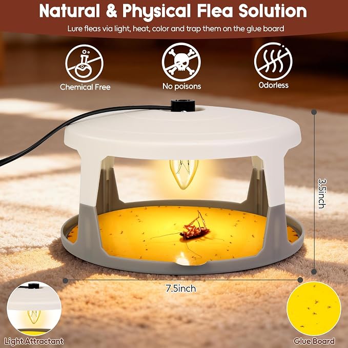 Flea Traps for Inside Your Home, 2 Pack Indoor Flea Light, Electric Bed Bug Insect Killer with 8 Sticky Pads & 8 Light Bulb Replacement, Natural Pest Control w/Glue Discs Refills, Safe for Kid Pet