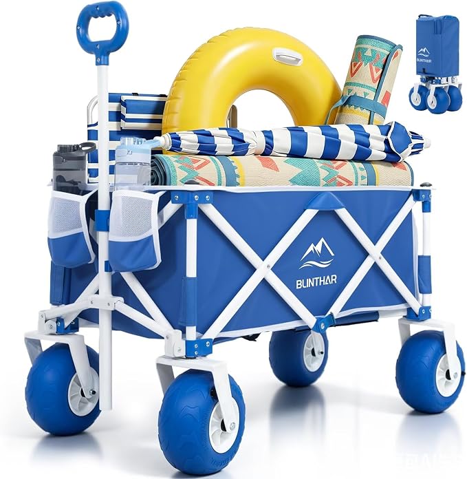 Beach Wagon with Big Wheels for Sand, Heavy Duty Harder Sand Collapsible Folding Wagon with All-Terrain 9" Pneumatic Ballon Tires, Utility Wagon for Garden Sports Camping Outdoor Activities