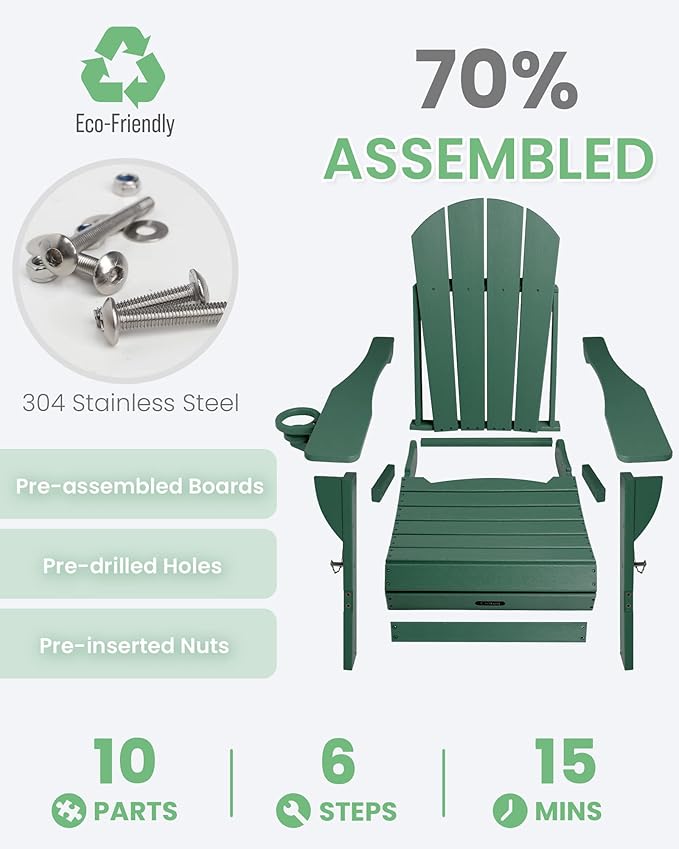 Ciokea Folding Adirondack Chair 2 Pack, Patio Adirondack Chair Weather Resistant, Plastic Fire Pit Chair with Cup Holder, Lawn Chair for Outdoor Porch Garden Backyard Deck (Green)