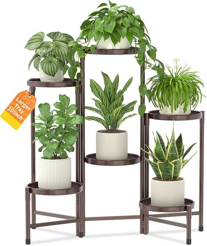 LASZOLA 6 Tier Large Plant Stand Indoor Tall with 10 Inch Metal Tray, Corner Folding Flower Display Rack, Modern Plant Holder Shelf for Outdoor Patio Porch Garden Office Living Room, Bronze