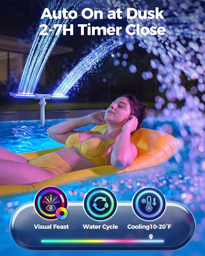 Solar Pool Fountain with Lights for Inground & Above Ground Pools — Dual-Powered Rechargeable, 10-Color Dynamic LED Waterfall, 15°F Cooling Aerator (White)