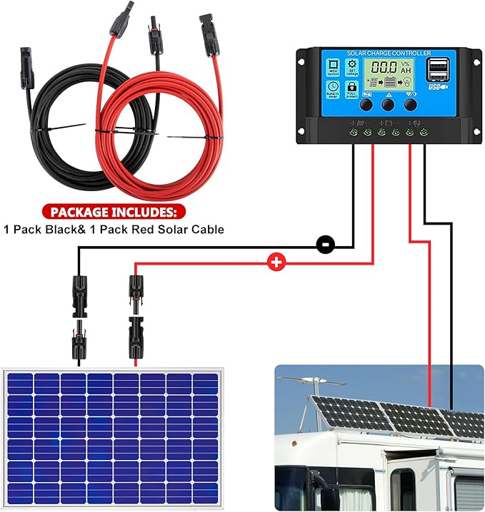 Vansdon 2x20 Feet Solar Panel Extension Cable, 10AWG Solar Cable, Solar Panel Cable with Female and Male Waterproof Connectors for RV, Photovoltaic Systems (20FT Red + 20FT Black)