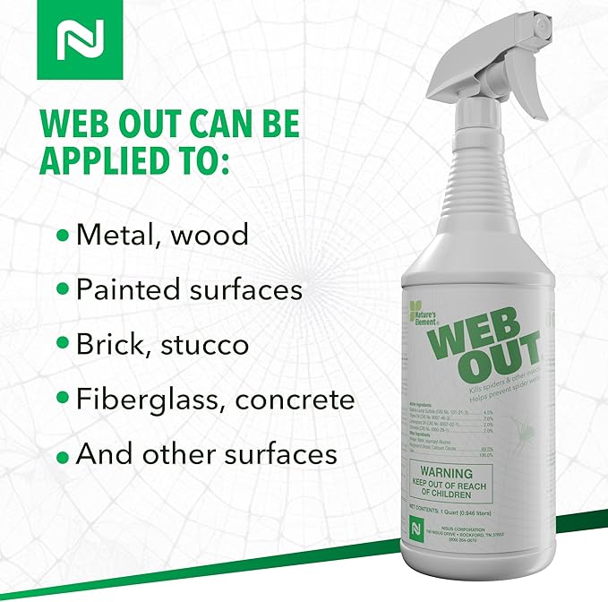Nisus Web Out Cobweb Eliminator and Repels Spiders, Ants, Mosquitoes, Cockroaches, Aids in Web Control, Ready-to-Use Biodegradable Spray, 1 Quart