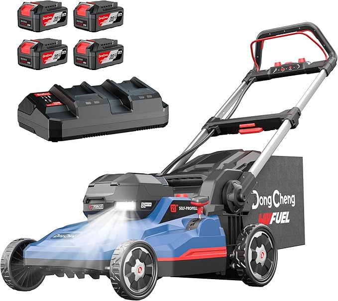 Dong Cheng 21 Inch 3-in-1 Brushless Lawn Mower, 40V 1600W Cordless Electric Self-Propelled Lawn Mower with 2600RPM High Speed Cutting, 7-Position Height Adjustment, 4 x 4.0Ah Batteries& Dual Charger