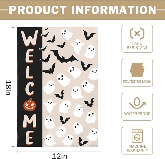 Halloween Welcome Garden Flag 12x18 Inch Cute Ghost Bat Black Cream Holiday Theme Scary Halloween Decorative Yard Flags for Outside Double Sided Outdoor Home Farmhouse Decoration Porch Decor