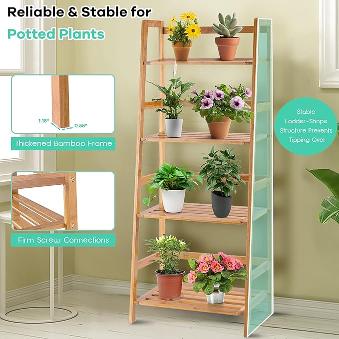 Giantex 4-Tier Bamboo Plant Stand Flower Pots Holder Display Shelf, 47.5inch Ladder Shelf Plants Organizer Rack for Patio Balcony Garden Home, Bookcase Planter Storage Shelving Unit Indoor Outdoor
