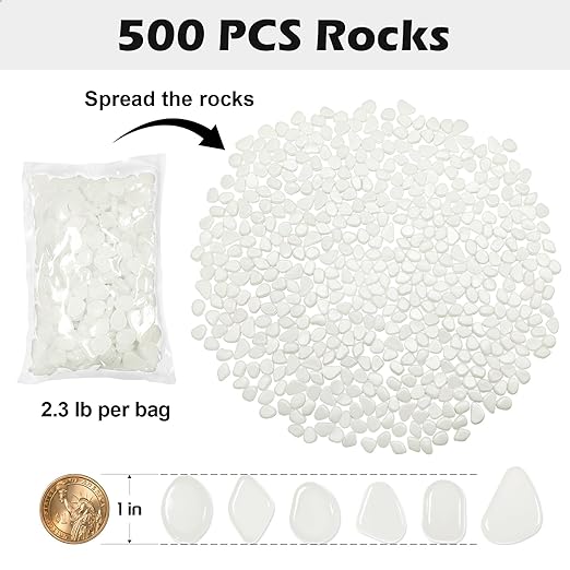 NAMTSO Glow in The Dark Rocks Outdoor, 500 pcs White Solar Rocks for Landscaping, Outdoor Decor Glow in The Dark Stones, Glowing Pebbles for Garden Backyard Patio Lawn Pond Fish Tank Aquarium Decor
