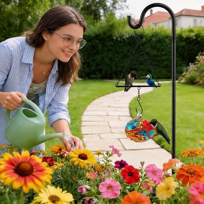 Headak Life Hummingbird Feeder for Outdoors Hanging,Metal Hummingbird Swing with Hand Blown Glass Hummingbird Feeder,Artistic Bird Perch & Garden Decor, Unique Gardening Gifts for Women(Blue)