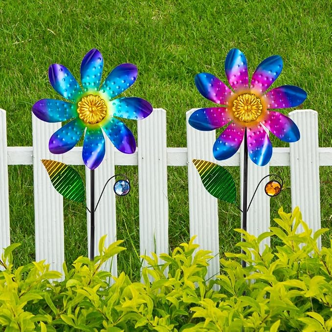 Viveta 2 Pack Flower Wind Spinners, Metal Wind Sculptures & Pinwheels for Garden, Kinetic Windmill for Yard Lawn Patio Decor(Blue and Pink)