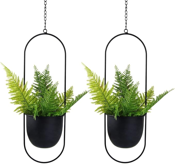 Modern Metal Hanging Planters with 6 Inch Pots and Sturdy Rods - Set of 2 Oval Geometric Plant Hangers - Black Wall and Ceiling Mount Flower Holders for Indoor and Houseplants