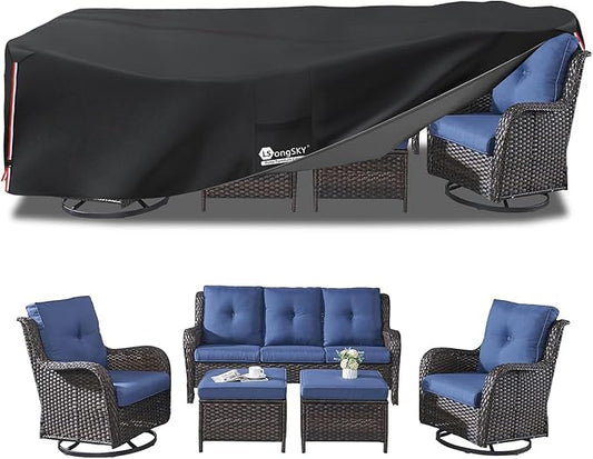 Outdoor Furniture Covers Waterproof,600D Heavy Duty Patio Furnitures Covers for 6/7/8 PCS Sets Sectional Sofa Couch Rocking Swivel Chairs Ottomans Coffee Table,126L x 74W x 28H inch Black