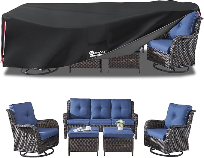 Outdoor Furniture Covers Waterproof,600D Heavy Duty Patio Furnitures Covers for 6/7/8 PCS Sets Sectional Sofa Couch Rocking Swivel Chairs Ottomans Coffee Table,126L x 74W x 28H inch Black