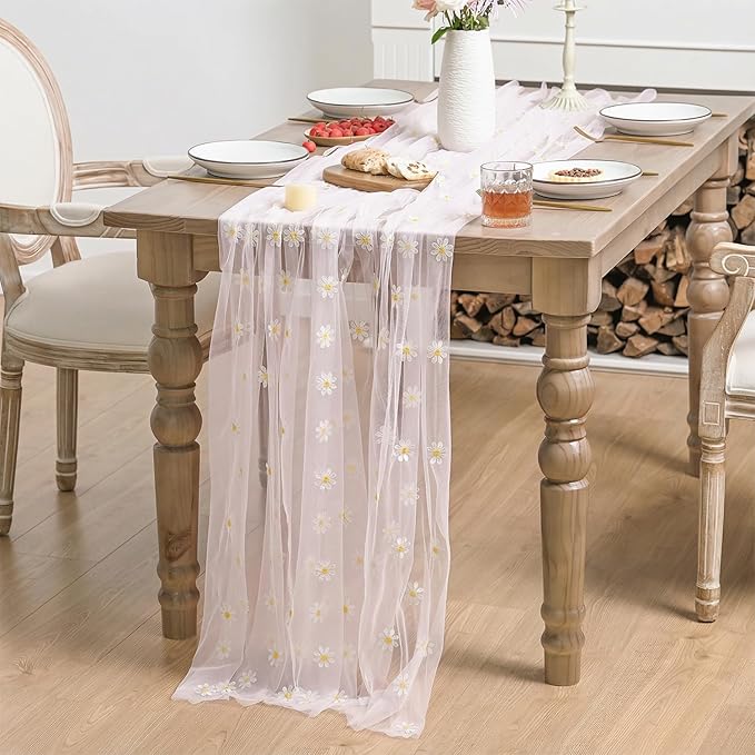 Horaldaily Pink Embroidery Daisy Spring Summer Gauze Tablecloth 60×120 Inch Rectangular, Seasonal Tulle Table Cover, Garden Party Decorations for Wedding, Party, Holiday Dining