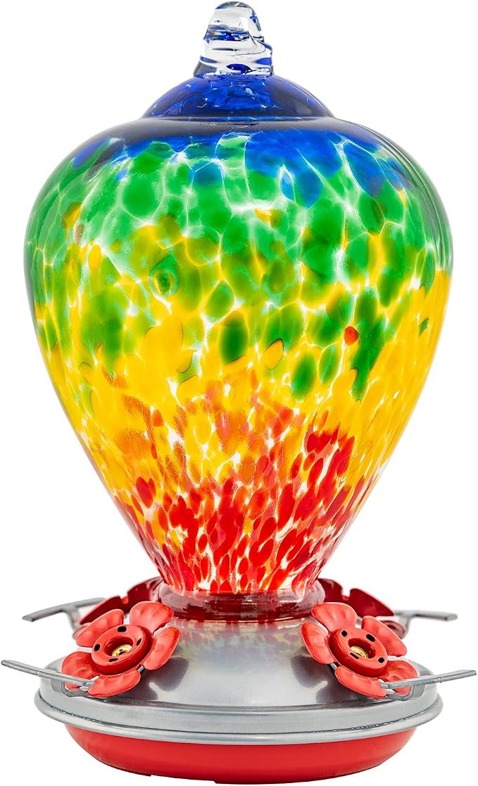 Hummingbird Feeders, 34OZ Hand Blown Glass Hummingbird Feeder for Outdoors Hanging with Ant MoatHooks, Perfect for Gardening Yard Patio Decor Gifts (Rainbow) | LaElvish Garden Hummingbird Feeders, 34OZ Hand Blown Glass Hummingbird Feeder for Outdoors H...