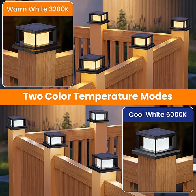Mlambert 4 Pack Solar Post Lights Outdoor, 2 Modes LED Fence Cap Light for 4x4 Post, Waterproof Deck Light Patio Garden Decor, Warm/Cool White, Black