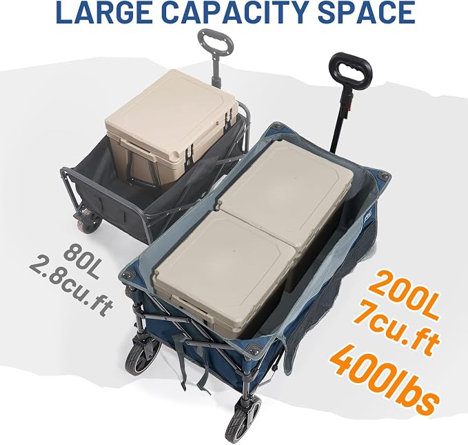 Timber Ridge Collapsible Wagon Cart with Brakes, 200L Large Capacity Compact Portable Easy to Carry Folding Wagon, Utility Grocery Cart for Camping, Gardening, Shopping