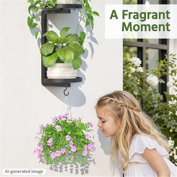 LASZOLA Plant Hangers Holder Wall Mounted Indoor, Metal 2 Tier Window Hanging Plant Shelves, 2Pcs Modern Floating Flower Display Stand with 2 Hooks for Outdoor Kitchen Bathroom Decor, Black