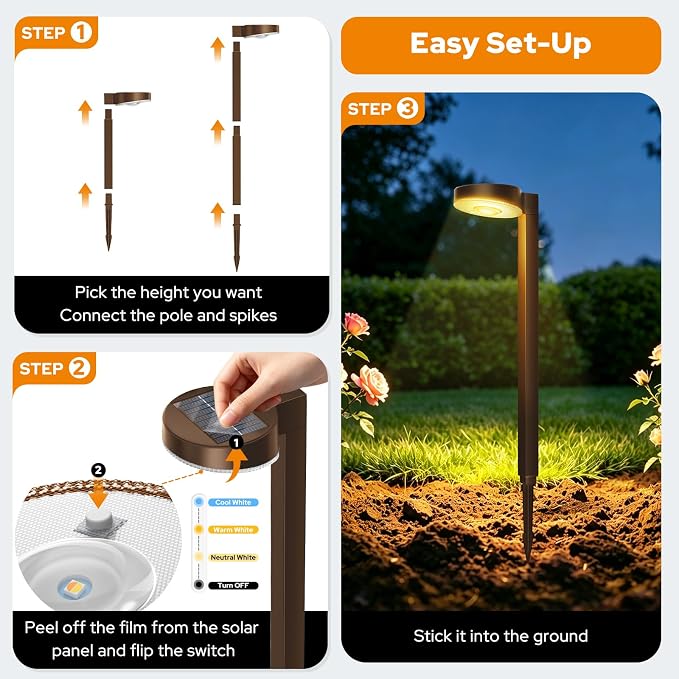 APONUO 8 Pack Solar Pathway Lights Outdoor, 3 Color Temperatures Selectable CCT, Focused Ground Spot Lens, Brighter Up to 12 Hrs IP65 Waterproof Path Lights for Walkway Driveway Yard Garden(Brown)