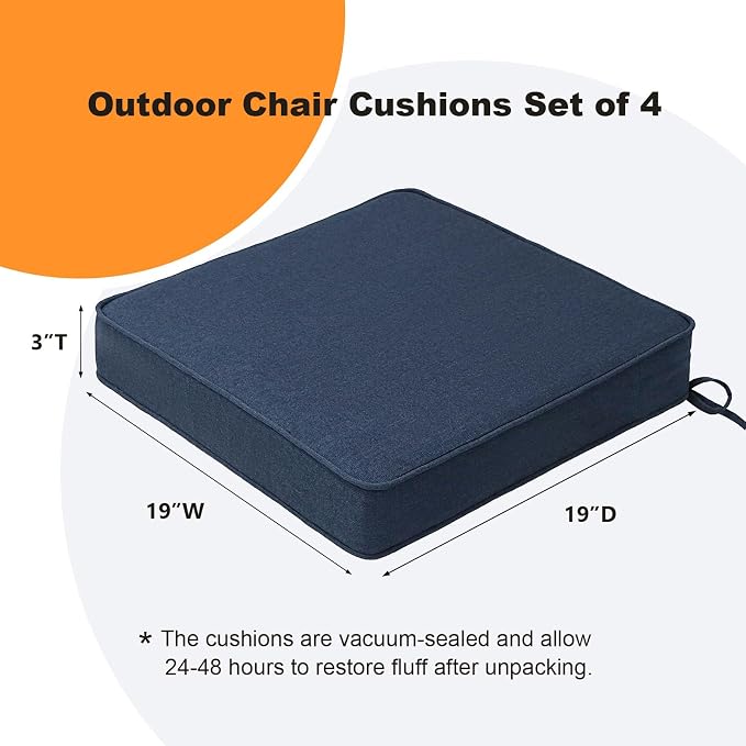 Unimatta Sunbrella Square Corner Seat Cushions, 19" x 19" x 3", Set of 4, Indoor Outdoor Water Repellent Universal Chair Pads with Ties for Patio Furniture, Garden Dining Chairs, Specrtum Indigo