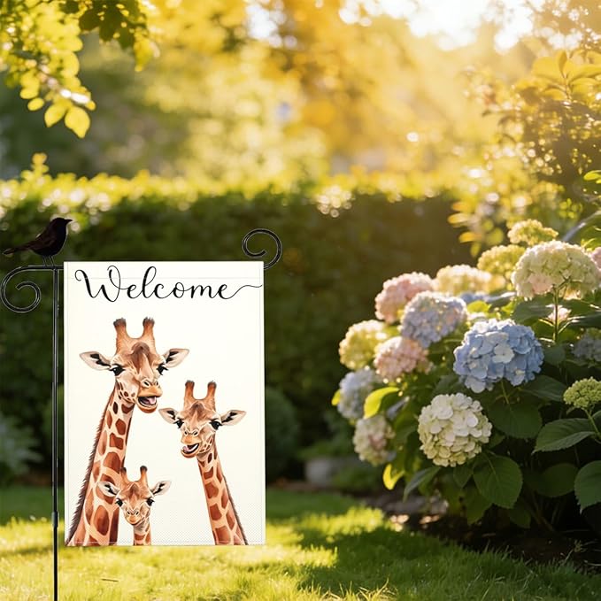 Mugod Funny Giraffes Garden Flag 12.5X18 Vertical Double Sided, South African Animal Safari Cute Wildlife Yard Flag Burlap Banners for Seasonal Farmhouse Outside Decor