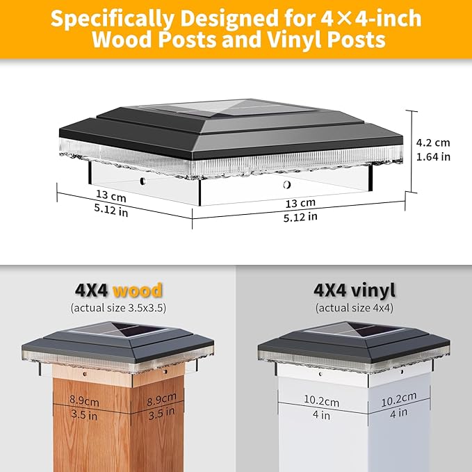 4x4 Solar Post Cap Lights Outdoor, 16 LED Fence Post Solar Lights with 3 Light Modes, Deck Post Lights Solar Powered Waterproof Fits 4x4 Posts Vinyl Wooden Posts for Deck Patio(Black, 4 Pack)