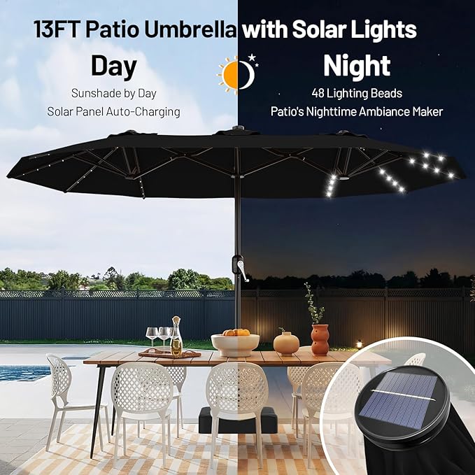AreShark 13 FT Patio Umbrella with Solar Lights, Double-Sided Outdoor Table Umbrellas with Crank, Large Rectangular Market Umbrella for Porch, Lawn, Pool, Backyard, Black