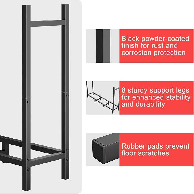 DIAMONDFORGE 4ft Firewood Rack Outdoor with Cover, Heavy Duty Fire Wood Stand, Metal Firewood Rack Indoor, Firewood Holder Storage, Log Wood Pile Racks Stand for Patio, Garden, Backyard, Matte Black