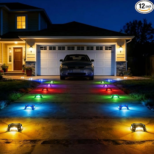 AGPTEK Remote Control Outdoor Solar Driveway Lights 12 Pack, RGB Multi-Colors & Modes Waterproof Color Changing Solar Powered Decorative Marker Security Lights for Garden, Deck, Dock, Step, Sidewalk