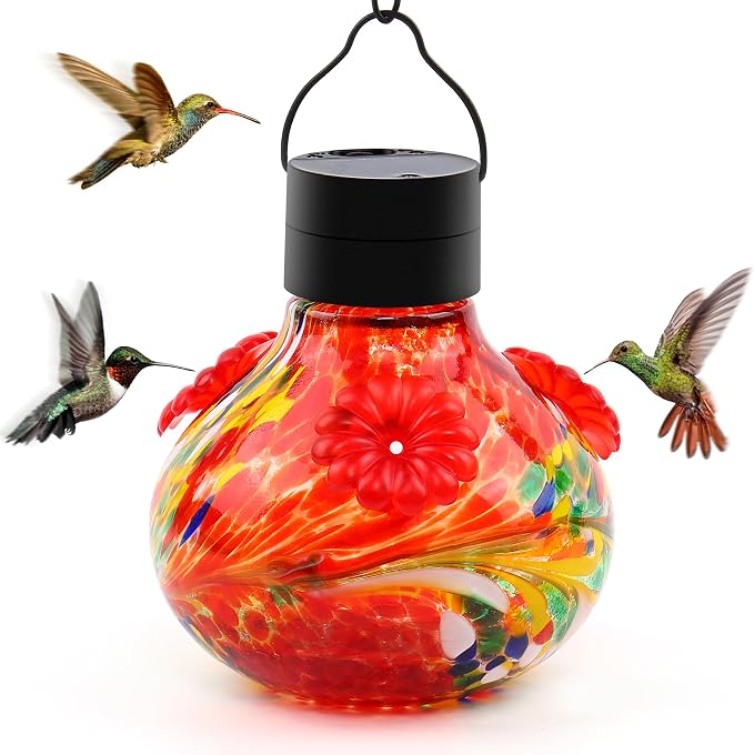 SAVENNA Hand Blown Glass Solar Hummingbird Feeder with Soft Night Light,17oz Leak-Proof Decorative Feeder for Outdoor Garden Patio Yard –Ruby Red Phoenix Swirl