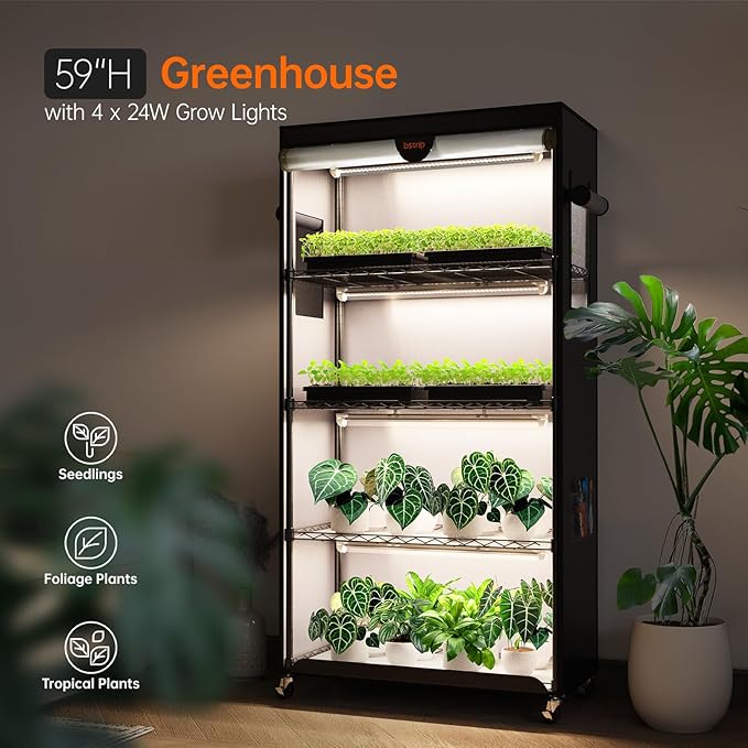 Bstrip Indoor Greenhouse with Grow Light, Plant Stand with 4 Pack 24W Full Spectrum Plant Lights , Plant Shelf with Tent for Indoor Plant, Seed Starting, Seed Tray, 29.5"x13.8"x59"