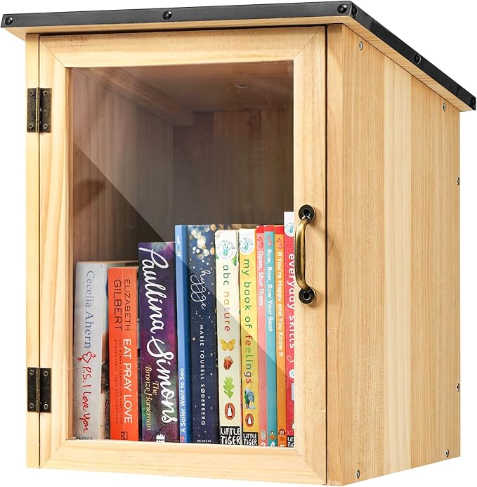 Little Library Box Outdoor, Waterproof Wooden Book Cabinet with Clear Window for DIY, Community & School Sharing, Weatherproof Neighborhood Book Exchange for Literature, Magazines & Newspapers