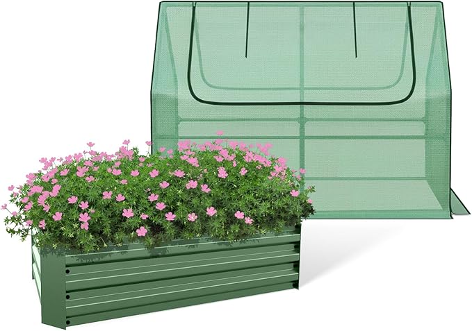 BPS Raised Garden Bed Set, 4x2x1 FT Metal Bottomless Flower Bed with PE Cover for Outdoor Planting, Green