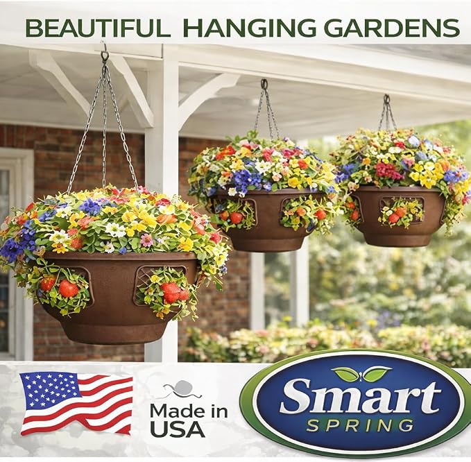 Ultimate Hanging Baskets - Strawberry, Tomato, Flower, and Herb Outdoor Planters - Use Garden Pots for Growing Plants Outside On A Deck, Fence, or Balcony (Mocha 2pk)